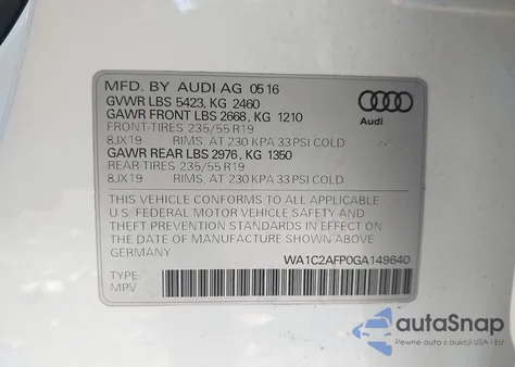 2016 Audi Q5 2.0T Premium из США, поврежденный, VIN WA1C2AFP0GA149640